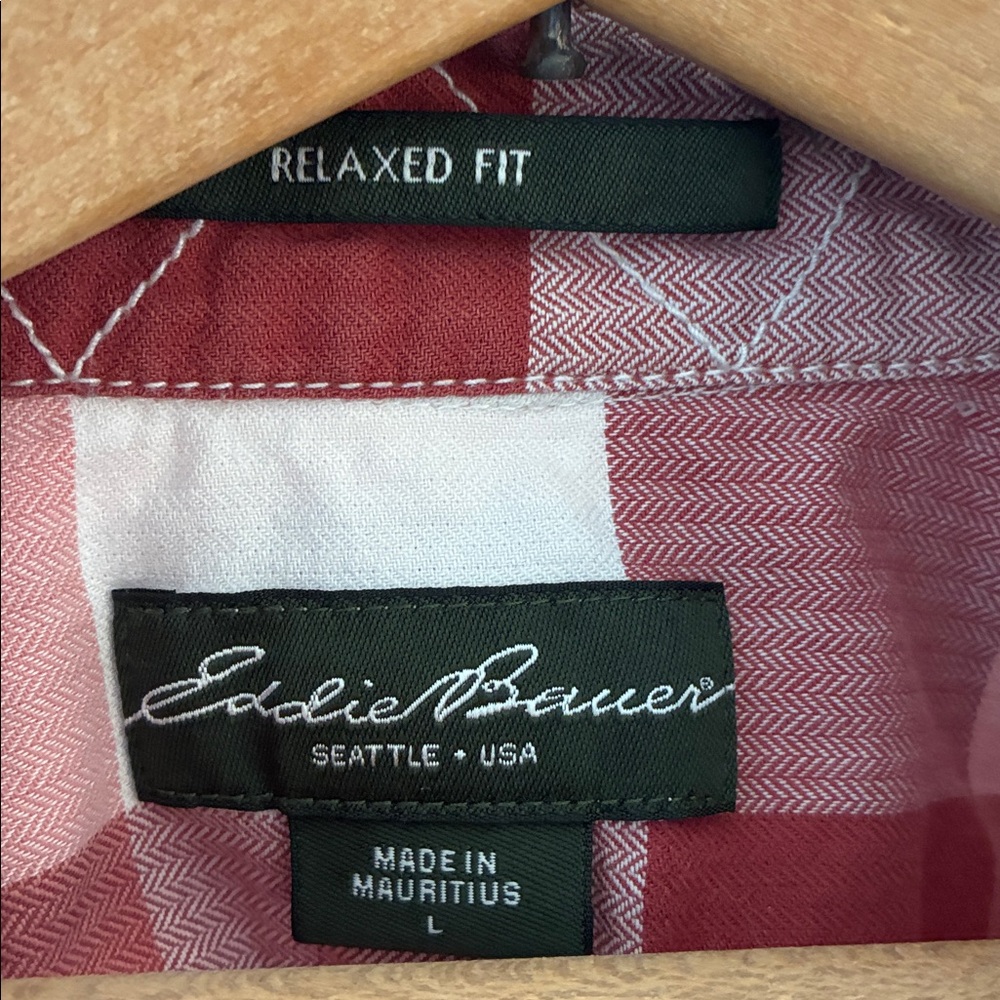 Eddie Bauer sz L Flannel Plaid Pink White 100% cotton EUC Cabincore Gorpcore Eco - Picture 2 of 5